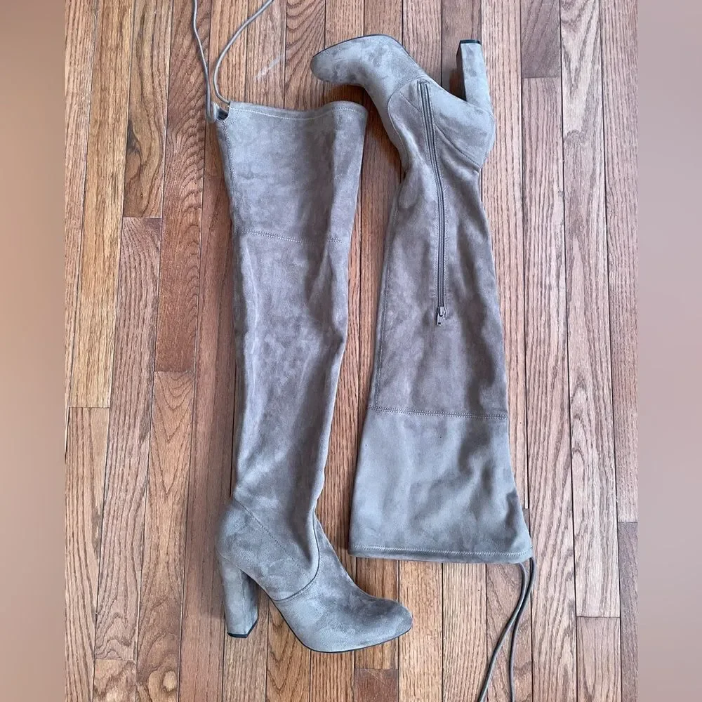 TAUPE FAUX SUEDE THIGH HIGH BOOTS SIZE 11 4” HEELS NWOT